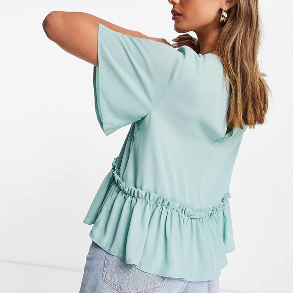 ASOS DESIGN smock top asymmetric ruffle hem sage green blue office career casual - Picture 11 of 12